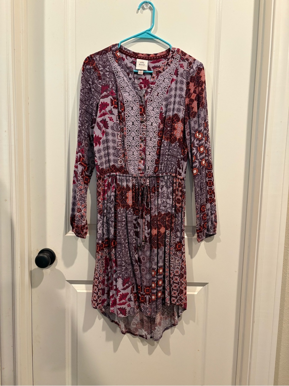 Knox Rose Long Sleeve Mixed Print Dress in Burgundy and Lavender Small